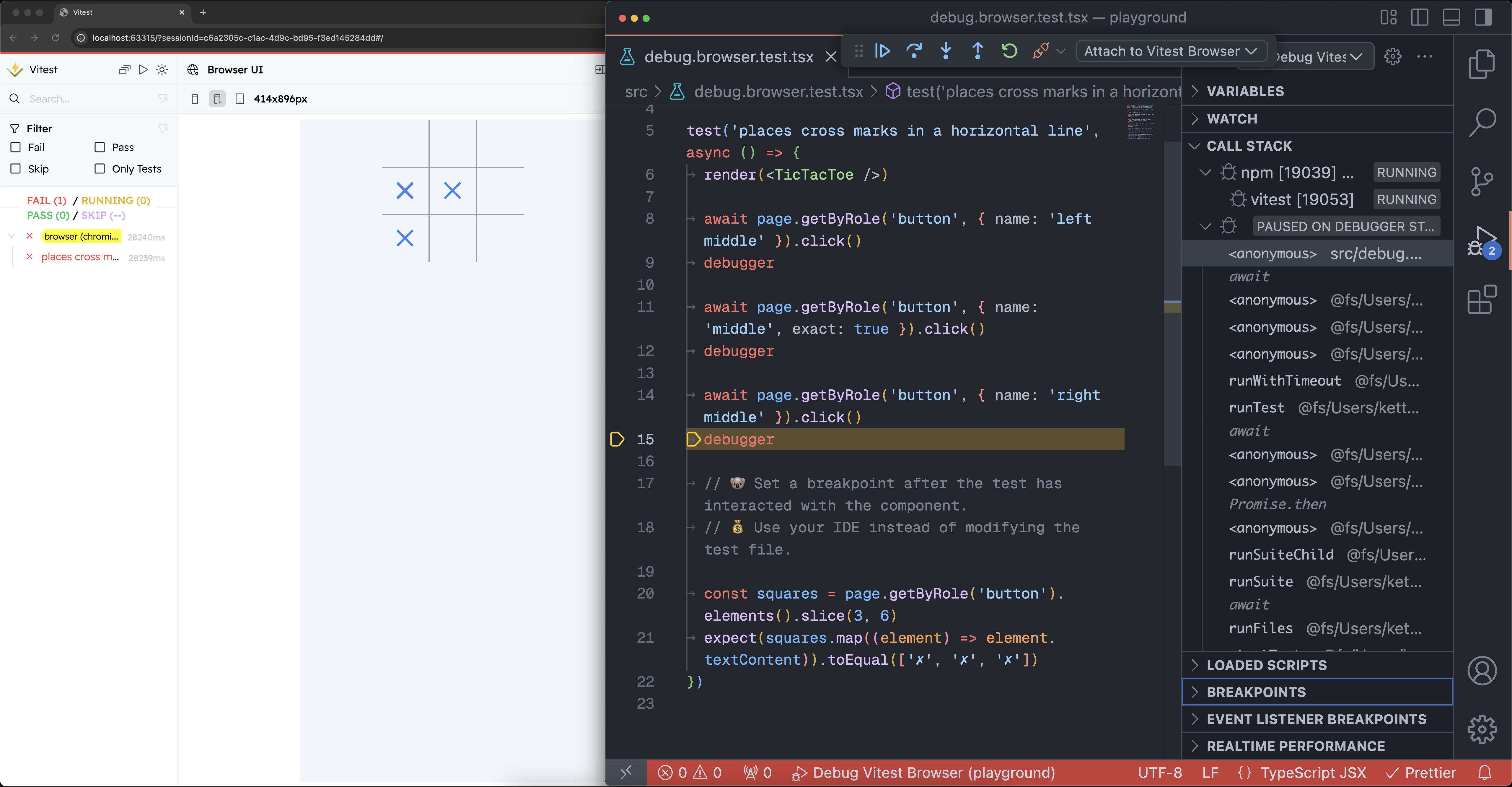 A screenshot showing both Chrome and Visual Studio Code open. The execution is paused at a debugger statement inserted after one of the test actions.