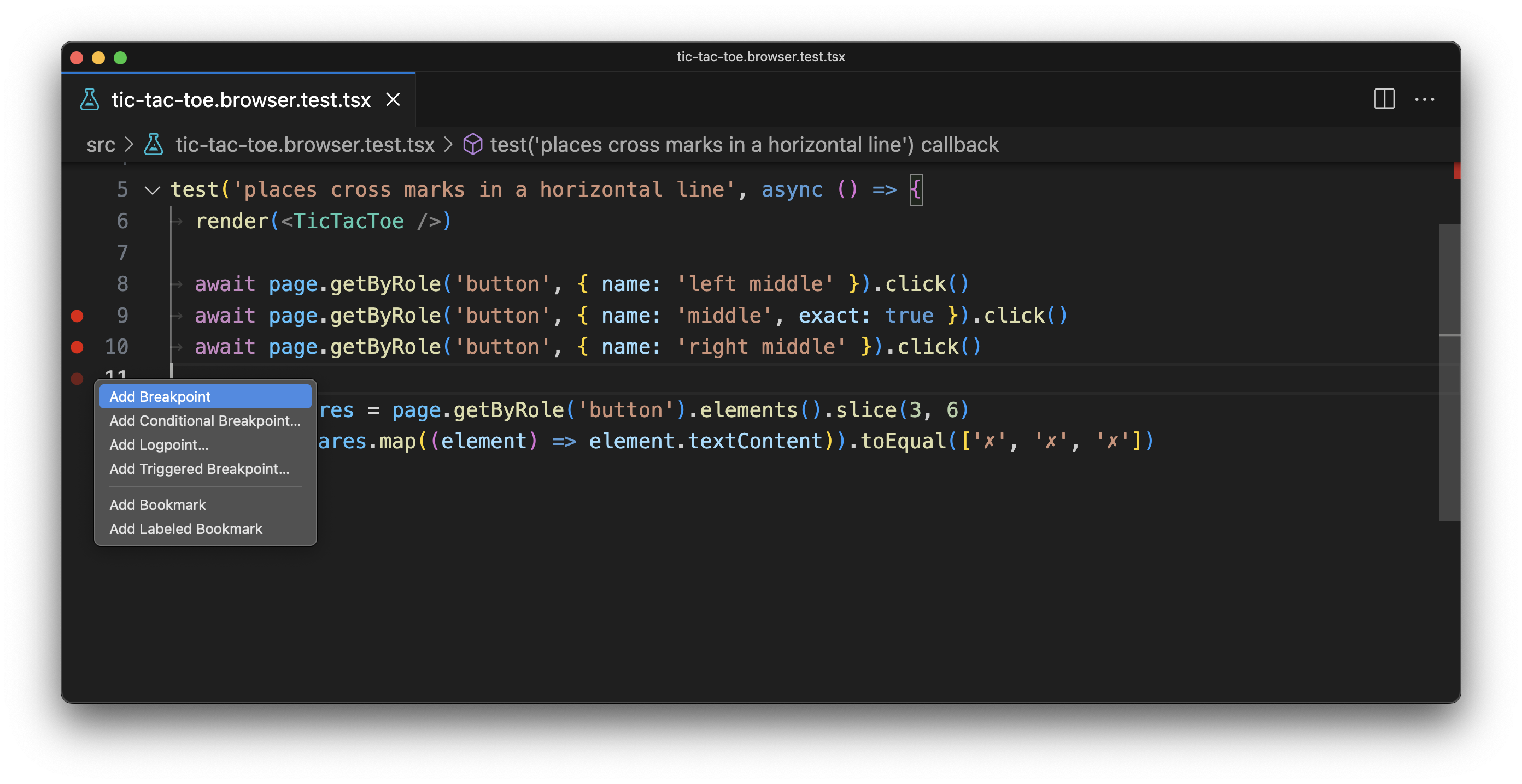 A screenshot of Visual Studio code showing two red circles on the gutter next to the code, and an open context menu with the debugging options