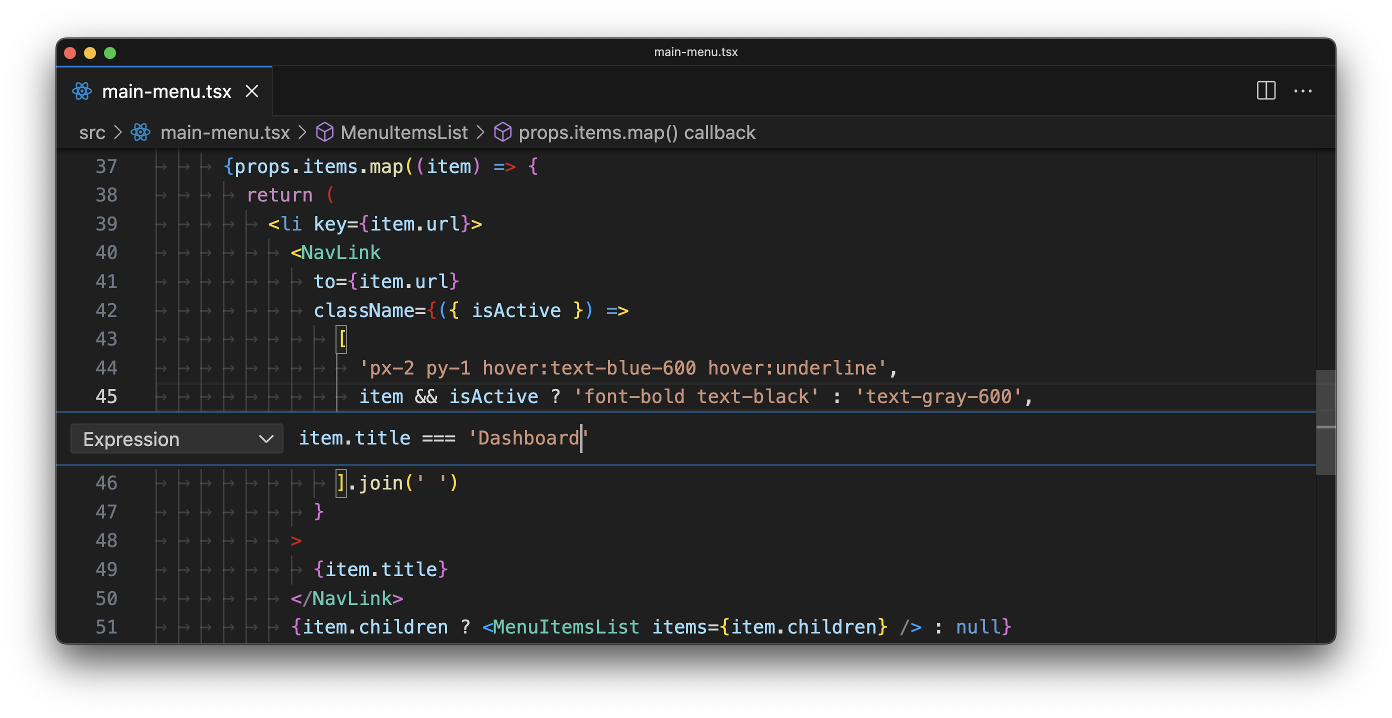 A screenshot of Visual Studio Code with the Conditional breakpoint context menu open. The condition is entered to match the item with title "Dashboard".
