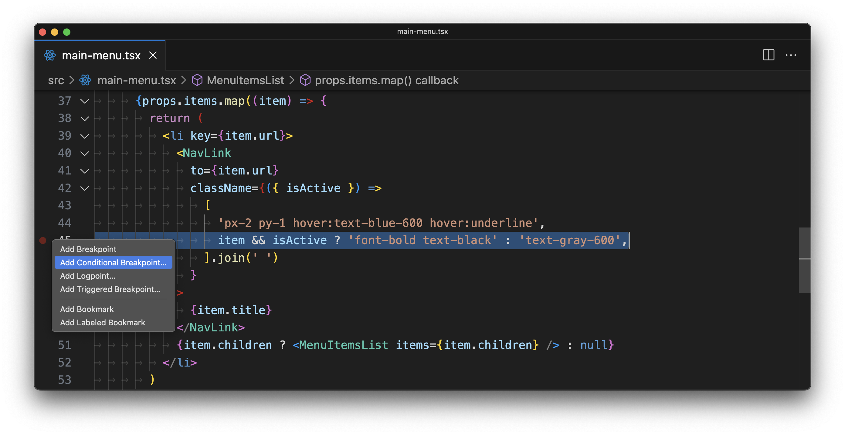 A screenshot of Visual Studio Code with the context menu open when right-clicked on the gutter. The "Add Conditional Breakpoint..." option is highlighted.