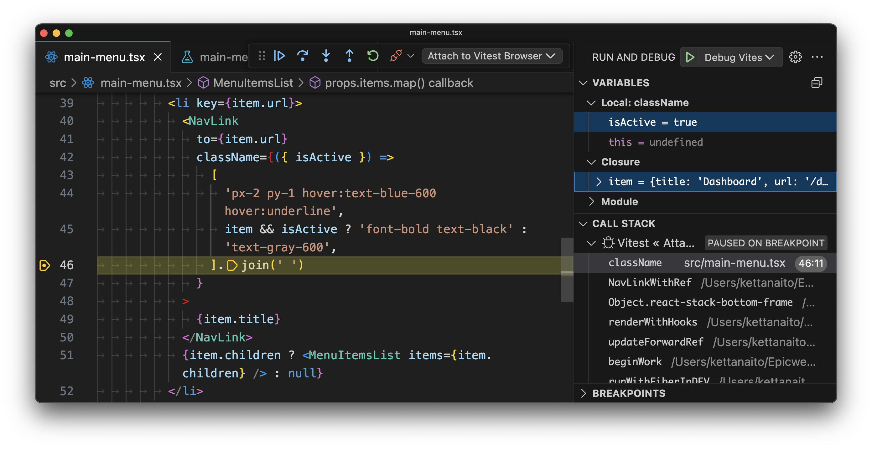 A screenshot of Visual Studio Code with the debugger stopped exactly at the conditional breakpoint