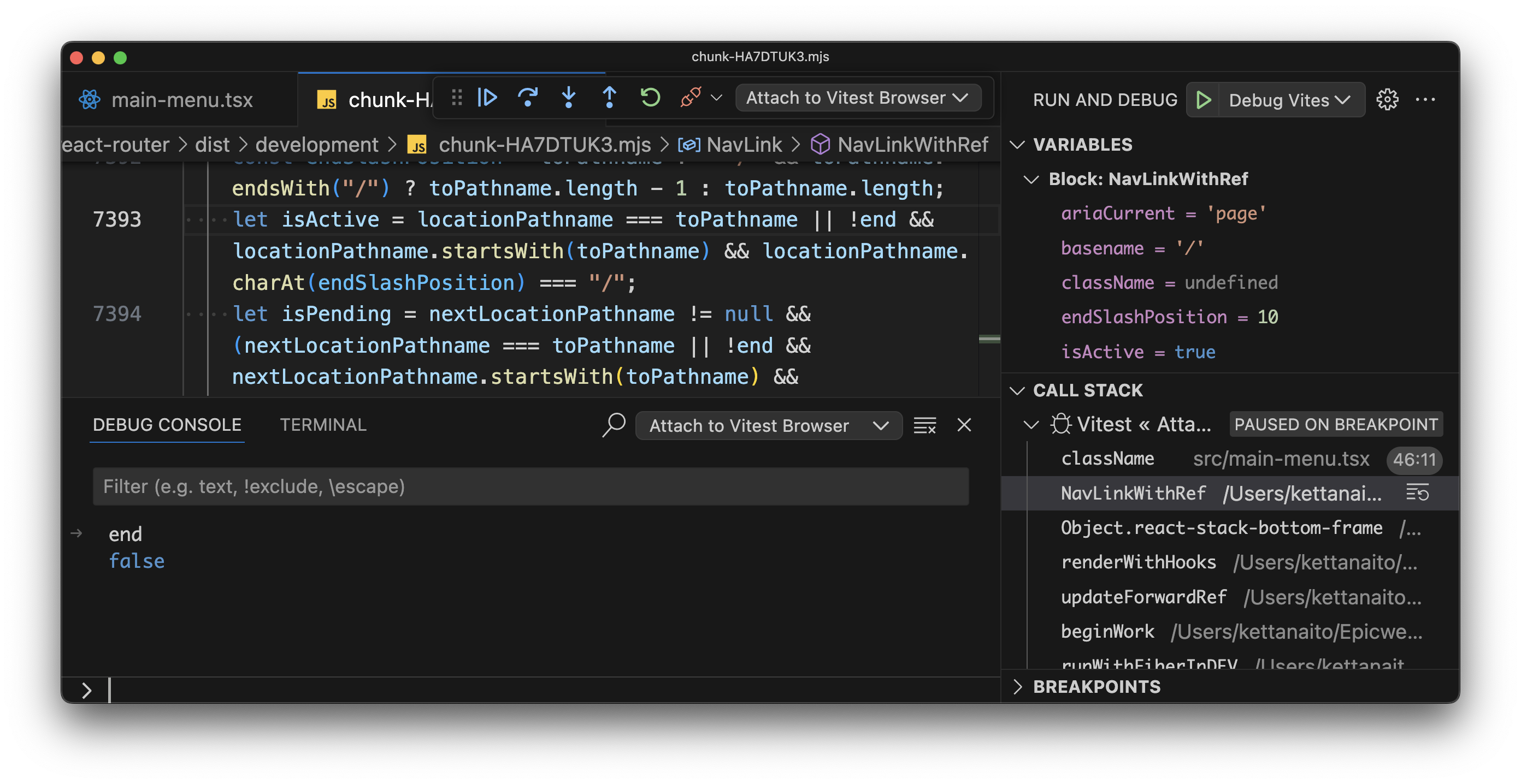 A screenshot of Visual Studio Code with the Debug console panel open. Inside, the "end" variable is printed out, and its value is false.
