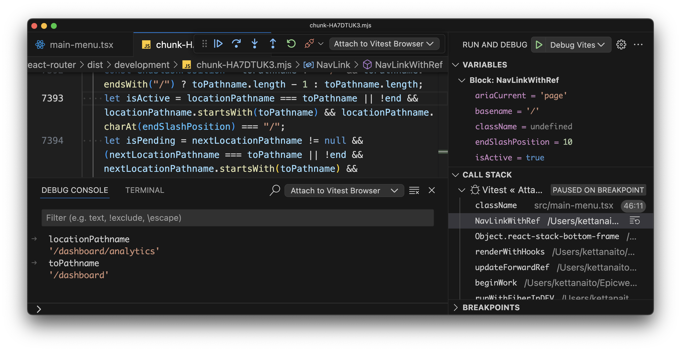 A screenshot of Visual Studio Code with the Debug console panel open. Inside, two variables are printed out. The first one is "locationPathname" with the value "/dashboard/analytics". The second one is "toPathname" with the value "/dashboard".